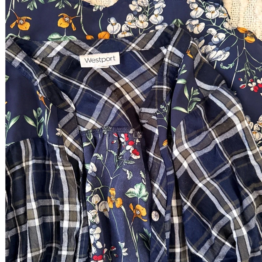 Westport Womens Long Sleeve Plaid Floral Patchwork Top Size L Boho Cottage‎
